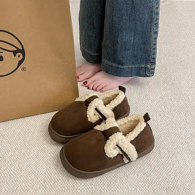 Women Brown Plush Slip-On Shoes with EVA Sole