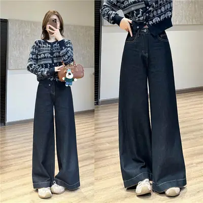 Wide Leg Pants Dark Blue Slimming Tencel with Lace Trim