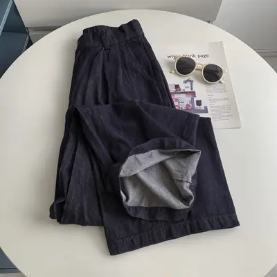 Retro Dark Blue Pure Cotton Banana Pants with Elastic Waist