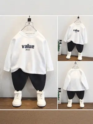 Boys White Letter Print Long Sleeve T-Shirt Set