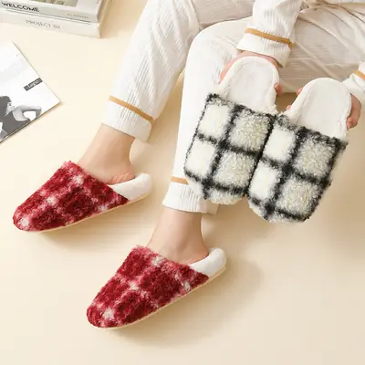 Cross-Border Autumn and Winter New Children's Plush Slippers, Fashionable Striped Contrasting Colors, Warm Men's Plush Cotton Slippers for Home and Outdoor Wear