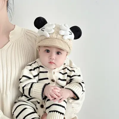 Cute Baby Hat Autumn Winter Warm Cashmere Windproof Peaked Cap for Boys Girls Baby Small Month Old