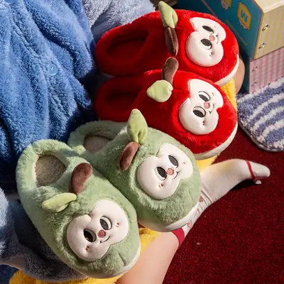 Apple Cotton Slippers for Women, Autumn and Winter Home Indoor and Outdoor Cotton Shoes, Non-Slip and Waterproof Couple Cute Ladies Slippers