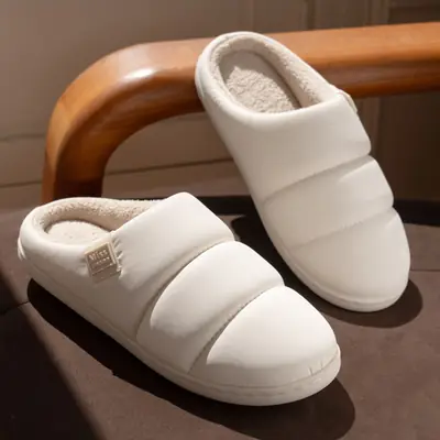 Women White Fleece Lined Slippers Winter Indoor