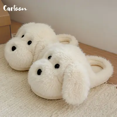 Cute White Plush Puppy Slippers for Women Winter