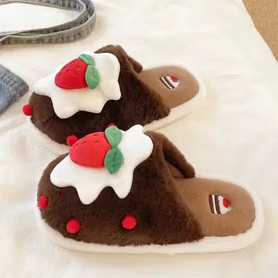 Cute Strawberry Cake Cotton Slippers for Women Winter Indoor Home Baotou Soft Sole Non-Slip Plush Warm Confinement Slippers
