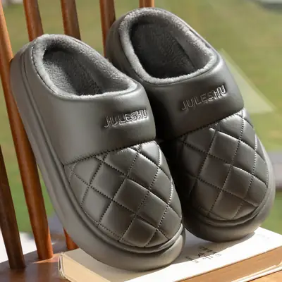 Leather Waterproof Cotton Slippers for Men in Winter Indoor Home Thick-Soled Fleece-Lined Warm Outer Wear Non-Slip Thickeneded Plush Cotton Slippers