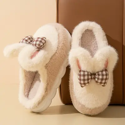 Bow-Knot Furry Slippers for Women Winter Warm Indoor