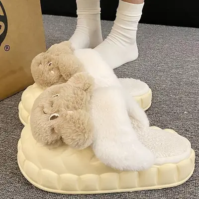 Winter Cartoon Bear Stuffed Detachable Wear Warm Indoor and Outdoor Cotton Slippers Women's Fashion Thick-Soled Home Eva Cotton Shoes