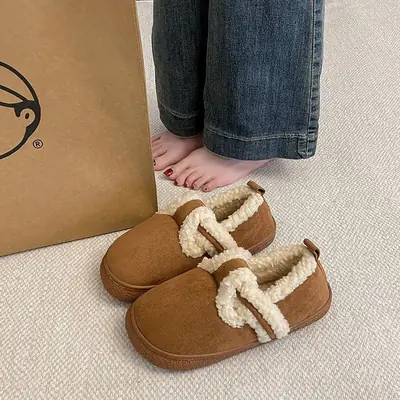 Women Velvet Lazy Slippers Brown Winter Warm