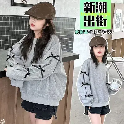 Girls Grey Sweatshirt Spring Bow Loose Top 2025