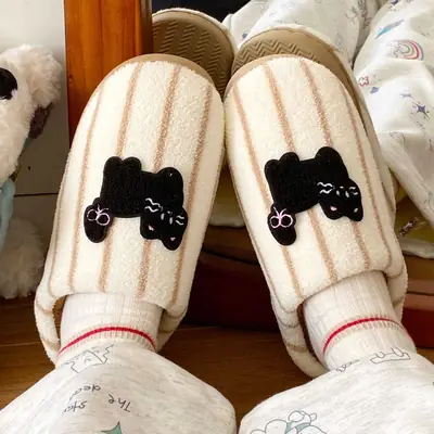 Winter Cotton Striped Cat Embroidered Slippers for Women