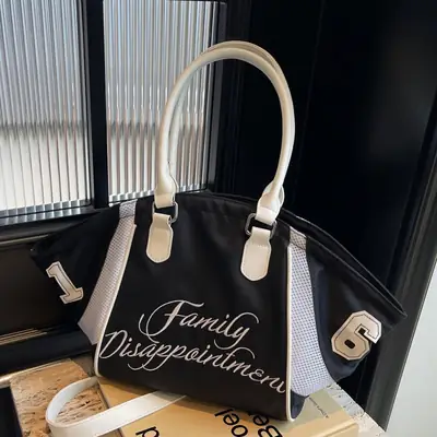 Black Embroidered Handheld Tote Bag for Women Large Capacity