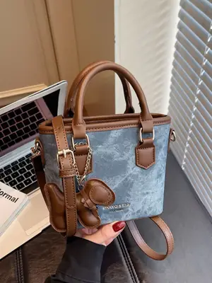 Women Retro Blue Canvas Crossbody Bag with Leather Strap