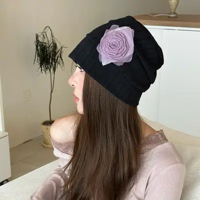 Navy Blue Embroidered Baseball Cap for Women with Rose Flower