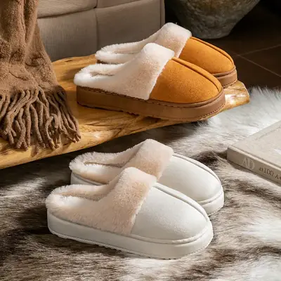 Winter Plush Slippers for Women White Thick Soled