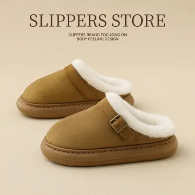 Women Winter Wool Slippers Black Warm Thick Soled