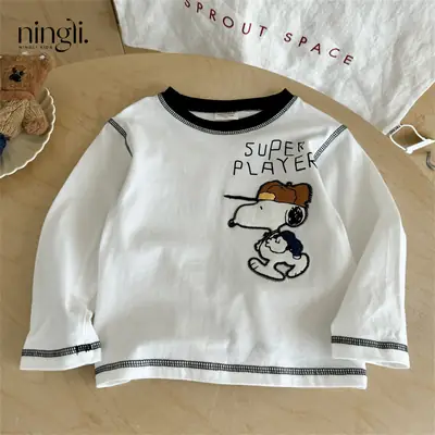 Japanese Cartoon Embroidered Boys T-Shirt White Long Sleeve