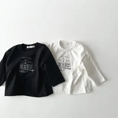 Kids Korean Style Cotton Letter Tops Black White