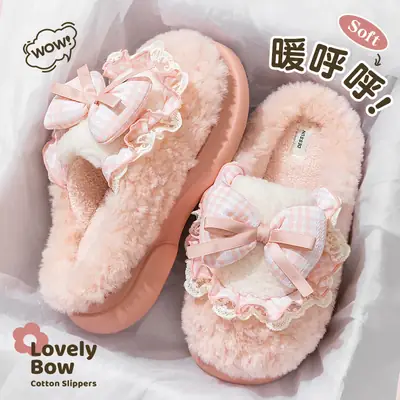 Pink Bow Soft Slippers for Women Winter Indoor