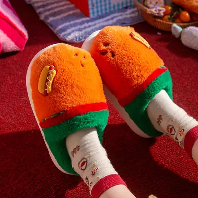 New Warm Cartoon Hamburger Cotton Slippers Autumn and Winter Thick-Soled Non-Slip Home Plush Couple Home Confinement Cotton Shoes for Women