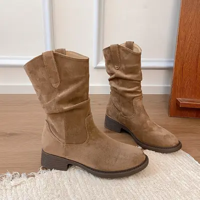 Women's Tan Korean Style Cowboy Boots with Thick Heel