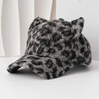 Leopard Print Cat Ear Cap with Lamb Fleece Warm Sunshade