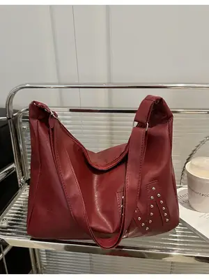 Red Leather Shoulder Bag for Women Large Capacity