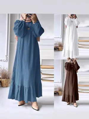 New Muslim Women's Robe Long Sleeve Ruffled Hem White