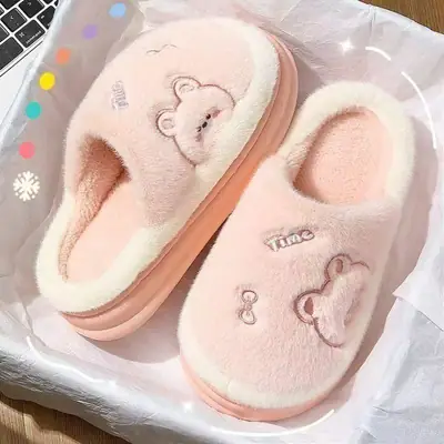 Women Cotton Bear Face Slippers Winter Warm Indoor