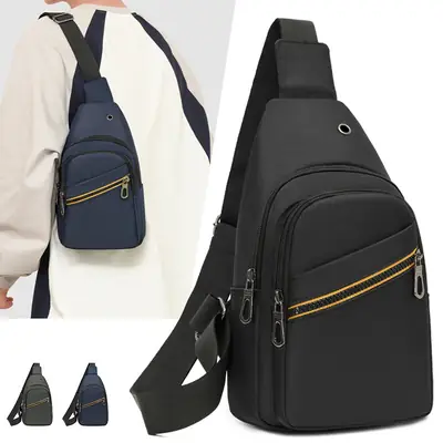 Men's Navy Blue Crossbody Bag with Yellow Zipper