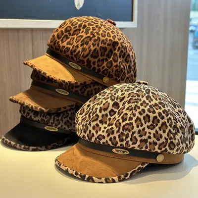 Leopard Print Beret for Women with Large Cap