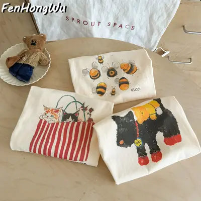 New Boys Cartoon T-Shirt Cream Long Sleeve Western Style