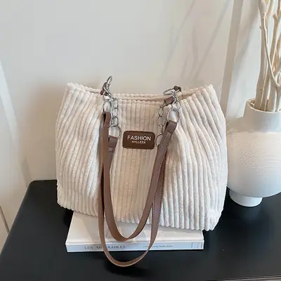 Women's Cream Corduroy Shoulder Bag with Brown Strap