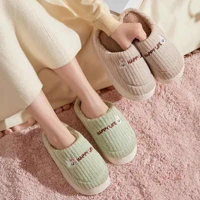 Cotton Slippers Autumn and Winter Non-Slip Home Foot Warmers Student Dormitory Fleece-Lined Cute Slippers Simple Classic Warm Cotton Shoes