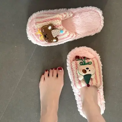 Fashionable and Versatile Retro-Style Cute Bear Fur Slippers for Women 2026 Autumn and Winter New Striped Plush Cotton Slippers