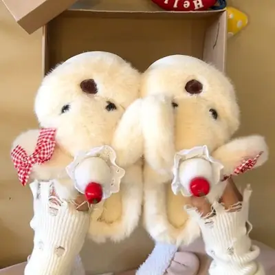 Women Cute Butter Bear Furry Slippers Winter Warm Anti-Slip