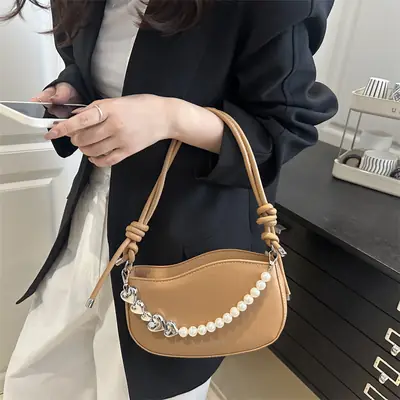 Pearl Chain Crossbody Bag Tan Leather Autumn 2025