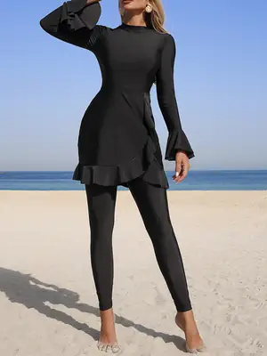 Women's Burkini Two Piece Swimsuit Solid Color Elegant Holiday Flare Sleeve Ruffle Swimwear Sun Protection Clothing Beachwear