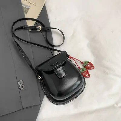 Black Leather Shoulder Bag with Strawberry Tag for Women