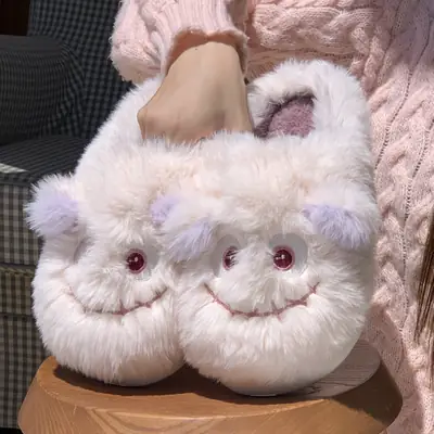 Cute White Fur Slippers for Women Winter Warm