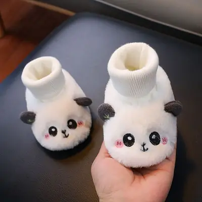 Autumn and Winter Baby Socks and Shoes with Velvet and Thickeneded Foot Protection to Keep Baby Toddler Shoes Cartoon Panda Soft Bottom Non-Slip and Non-Falling