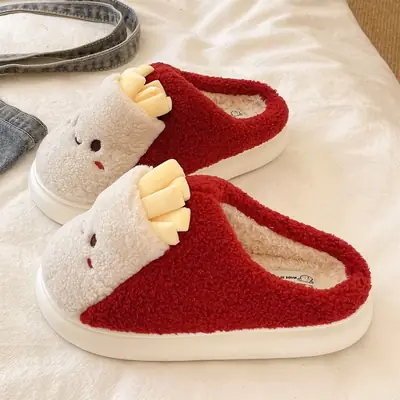 Cute French Fries Plush Slippers for Women in Winter Thick-Soled Non-Slip Warm Plush Home Indoor Toe-Cap Cotton Slippers for Outer Wear