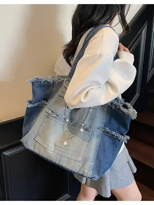 Retro Denim Crossbody Bag for Women Large Capacity