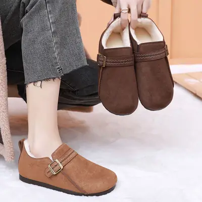 Women Winter Brown Suede Slip-On Shoes with Buckle