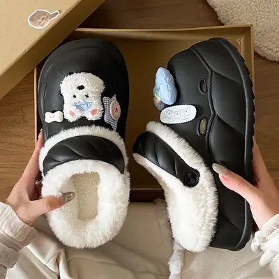 Autumn Winter Cartoon Slippers Black Soft Inner