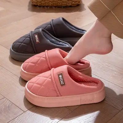 Pink Waterproof Cotton Slippers for Men Winter Indoor Home