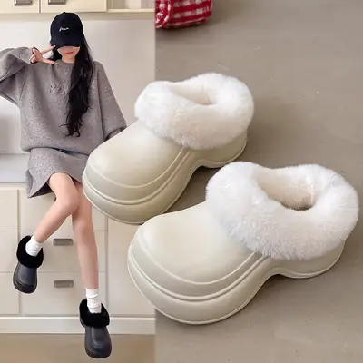 Women Winter Fleece Clogs with Thick White Sole