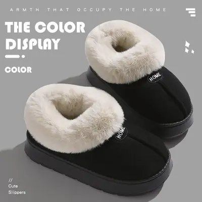 Fleece-Lined Cotton Shoes for Women, Autumn and Winter Fashion, Household Slippers with Heel, Non-Slip Thick-Soled High-Top Cotton Slippers for Men, Wholesale
