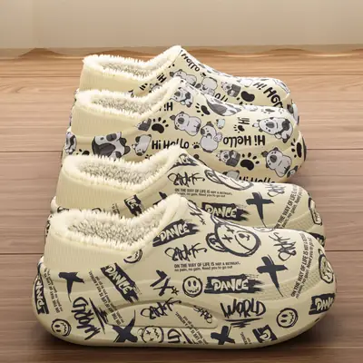 New Winter Trendy Cool Graffiti Violent Bear Cotton Slippers Fleece-Lined to Keep Warm at Home Indoor Non-Slip Thick-Soled Personalized Cotton Shoes